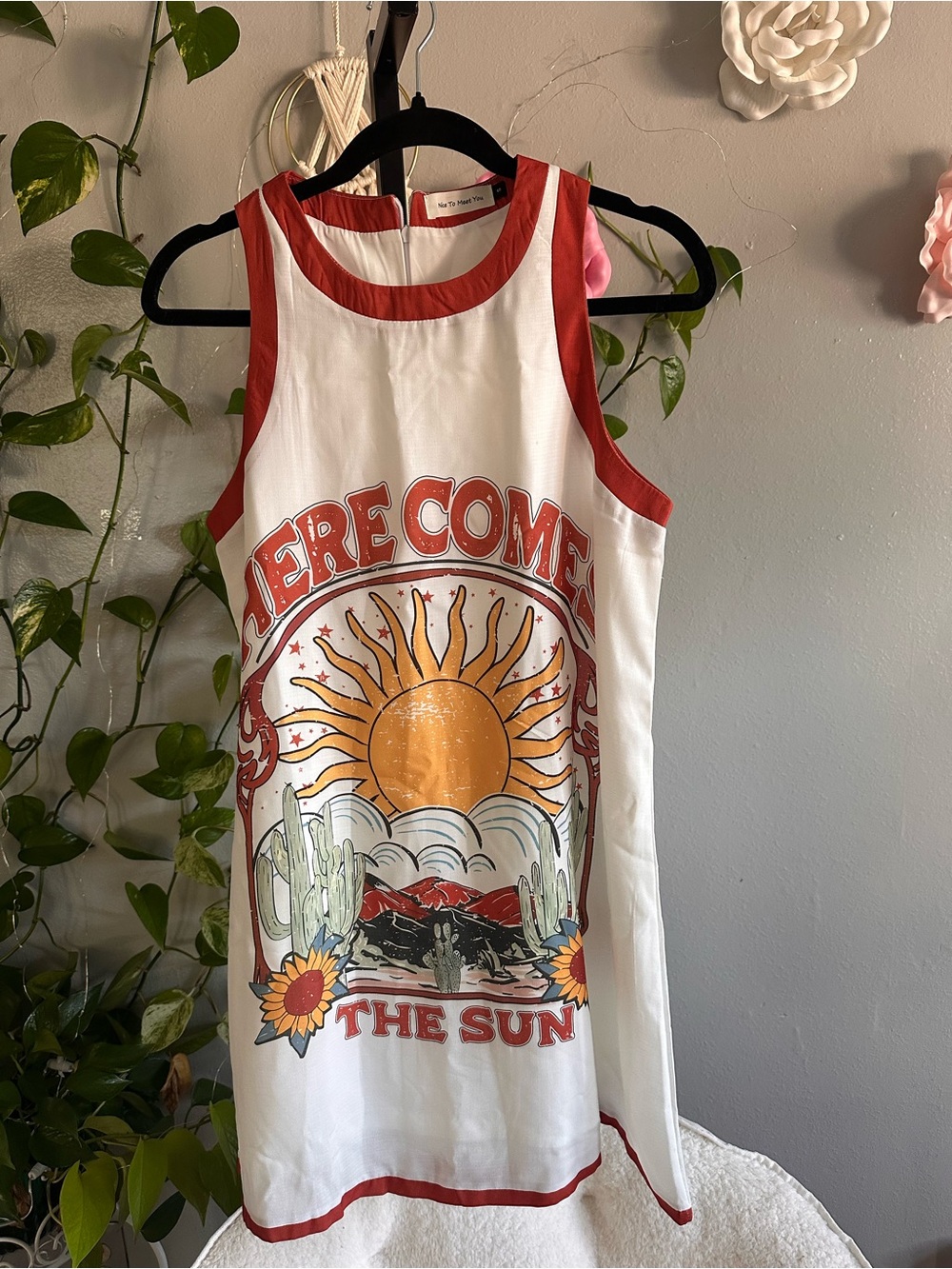Here Comes the Sun Graphic Tank Dress Small | Retro Desert Cactus Print